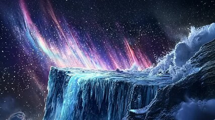 Wall Mural - Majestic icy landscape under a cosmic sky with vibrant auroras illuminating the scene