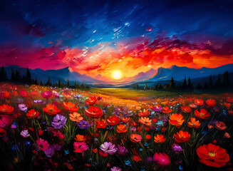Poster - A vivid landscape featuring a field of colorful flowers under a dramatic sunset sky, with distant mountains silhouetted against the horizon.