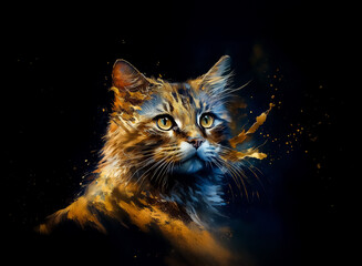 Poster - Fluffy brown cat with striking yellow eyes on dark backdrop in digital painting. Artistic brush strokes and paint splatter effect create dynamic look.