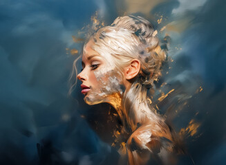 Fototapete - A profile view of a fair-haired woman is depicted with golden accents against a deep blue backdrop, resembling an artistic digital painting with expressive brushstrokes and textures.