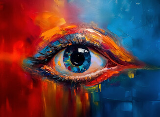 Poster - Vibrant, abstract eye artwork in bold red and blue hues, showcasing expressive brushstrokes and a dynamic, painterly texture.