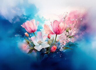 Poster - Soft watercolor painting of pink and white flowers with a blue background. Gentle floral artwork with delicate petals and dreamy colors.