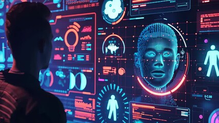 Poster - A person engages with advanced holographic interfaces showcasing data analytics and AI metrics in a high-tech lab environment during nighttime.