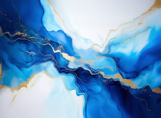 Aufkleber - Abstract art featuring swirling shades of blue like sapphire and sky, accented with golden streaks.  Fluid, dynamic, and elegant composition on a white backdrop.
