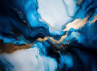 Aufkleber - Elegant abstract art with swirling blue and white hues, accented by shimmering gold lines. Fluid design creates a sense of motion and depth, resembling ink or liquid textures.