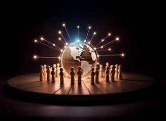 Aufkleber - A globe encircled by stick figures, illuminated by emanating light beams, symbolizing worldwide connection and global network, representing social communication and digital interaction.