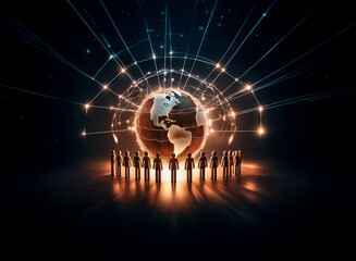 Poster - Silhouettes of people encircle a glowing Earth globe with light lines connecting points, symbolizing a global network and worldwide connection in dark background.