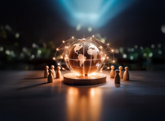 Poster - A glowing globe with a network of light stands on a platform, encircled by wooden figures. The scene is set against a blurred urban backdrop, suggesting global connection and collaboration in a futuri