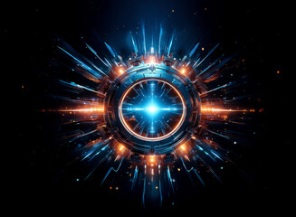 Fototapete - Abstract glowing orb emitting radiant blue and orange light against a dark background. Futuristic and circular design element full of dynamic energy.