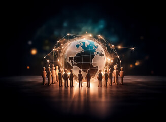 Poster - Figures surround a glowing globe with network connections, set against a dark background with bokeh lights suggesting a global network.