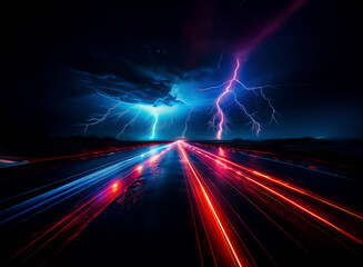Poster - Night road illuminated by red and blue light trails under a stormy sky with bright lightning strikes. Dramatic atmosphere.