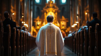 Poster - A Catholic priest strides confidently down the aisle, robe flowing behind him, as the congregation waits in anticipation. Soft light filters through stained glass, enhancing the sacred atmosphere