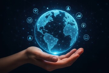 Poster - Global Connectivity in Hand: A person's open palm cradles a luminous digital globe, depicting the interconnected world.