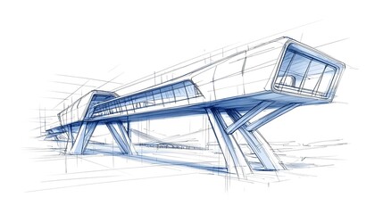 Poster - A hand drawn sketch depicting an avant garde futuristic bridge design that appears to defy gravity through its bold geometric form and elevated suspended construction