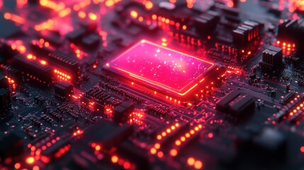 Poster - Abstract Futuristic Circuit Board: Glowing Red Technology