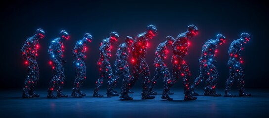 Fototapete - Futuristic humanoid figures with glowing lights walking in a row
