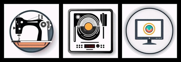 Poster - Three circular icons depict a sewing machine, a record player, and a desktop computer monitor, each with a drop shadow effect, against a white background.