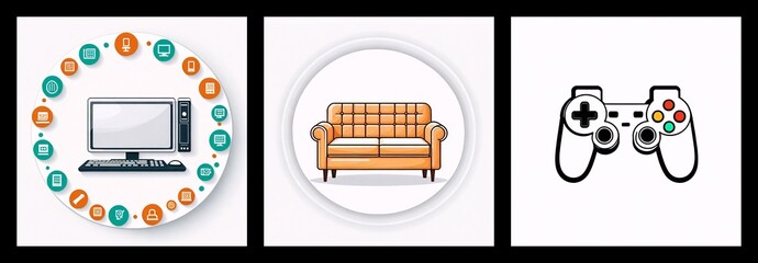 Poster - Three icons depict digital life: a computer with network icons, a cozy sofa, and a classic game controller for entertainment.