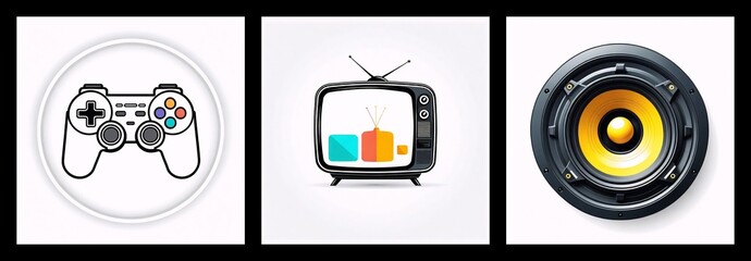 Leinwandbilder - Three icons depict entertainment: a game controller for playing, a retro TV set, and a yellow and black speaker for sound.