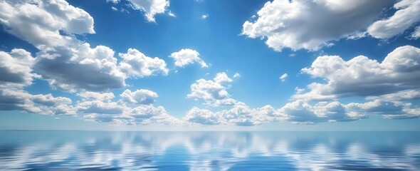 a blue sky with fluffy clouds reflected beautifully in the water