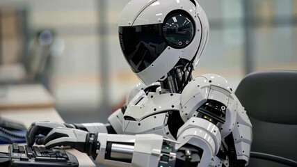 Poster - A humanoid robot sits at a desk, focused on typing on a keyboard while utilizing a computer in a sleek, contemporary office space illuminated by natural light.