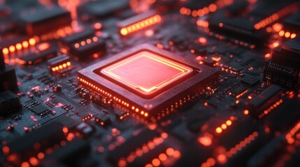 Poster - Close-up of a Glowing Red CPU Processor on a Circuit Board