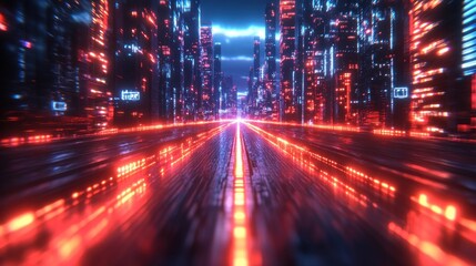 Poster - Cyberpunk Cityscape: Neon Lights and Futuristic Road