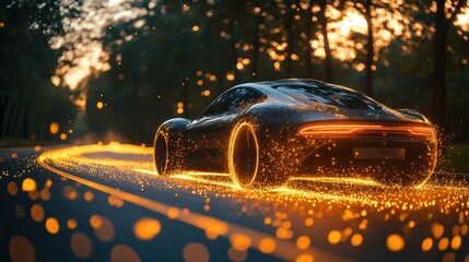 Poster - Futuristic Sports Car Glowing on Road at Sunset