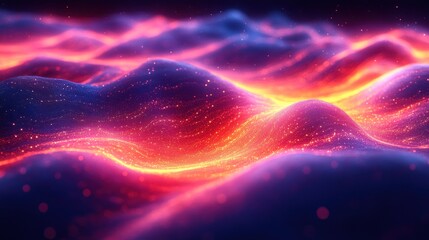 Poster - Abstract Digital Landscape: Vivid Hues of a Sparkling, Glowing, Energetic, and Dynamic Wavelike Terrain