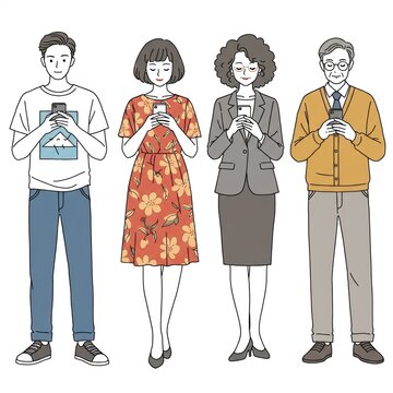 Illustration Set of Diverse People Using Smartphones in Various Outfits, Perfect for Modern Communication Projects and Lifestyle Designs