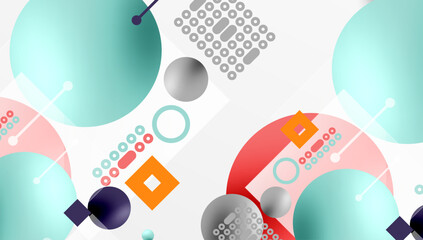 Poster - Minimalistic abstract vector design, layered geometric shapes circles, squares, and triangles with soft pastel gradients and semi-transparent effects. Perfect for contemporary use