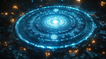 Poster - Futuristic Glowing Circular Device:  A Digital Enigma