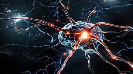 Poster - Futuristic brain illustration with electric blue neuron pathways, glowing synapses, and lightning sparks.