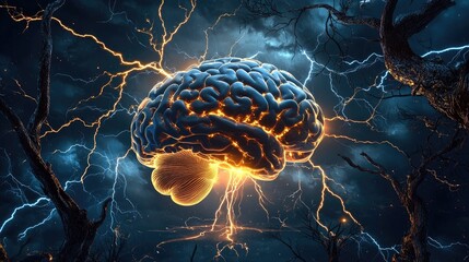 Poster - Futuristic brain illustration with electric blue neuron pathways, glowing synapses, and lightning sparks.