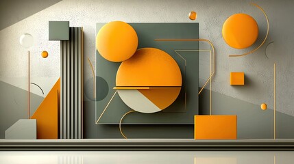 Poster - Futuristic orange and grey abstract background with polygonal shapes, floating square accents, and sleek stripe elements.