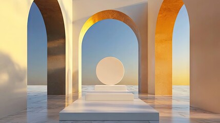 Poster - futuristic product display with a 3d white circular podium in a soft gray abstract scene.