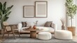© AiPhotoSale - Serene living room featuring a white sofa, natural wood accents, and lush greenery. A calming, minimalist space