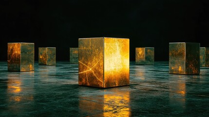 Poster - Glowing futuristic data cubes forming a digital network, illustrating AI-driven technology and virtual connections.