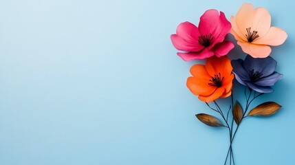 Poster - Beautiful Minimalist Watercolor Floral Artwork Featuring Soft Pastel Flowers on Blue Background