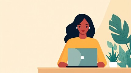 Poster - Young Indian woman working on a laptop with plants in a modern workspace environment