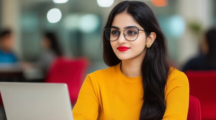Poster - Engaged Indian Female Student Working on Laptop in Modern College Environment