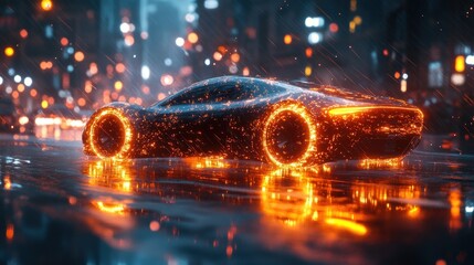 Poster - Futuristic Sports Car in Neon Rain