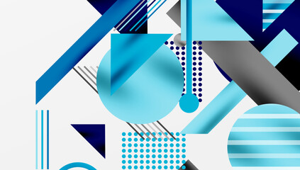 Fototapete - Geometric Abstract Background with Bold Shapes and Contrasting Colors. Circles, triangles, squares and lines with shadow effect