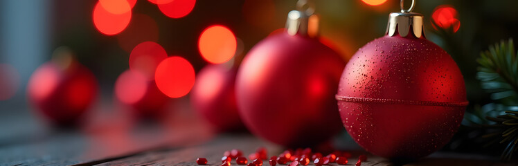 Poster - Red Lights With Christmas Balls Blur In The Background, Creating A Festive Yet Soft And Slightly Out Of Focus Atmosphere.