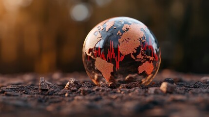 Aufkleber - Glass Globe Filled with Crumbling Stock Symbols on Earth Background at Sunset