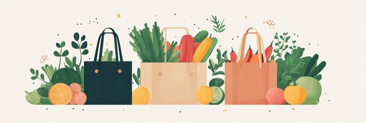 Poster - Reusable grocery bags filled with fresh produce showcasing a green and sustainable lifestyle in a modern flat style Generative AI