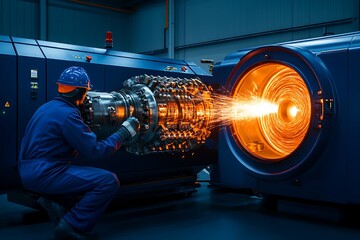 Poster - A worker examines a metal part during an industrial manufacturing process