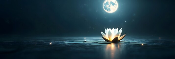 Aufkleber - A celestial landscape of a tranquil lotus pond reflecting the soft light of a full moon creating a serene and contemplative atmosphere