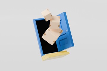 Poster - 3D To Your Door Delivery icon. Minimal Courier delivery package in front blue door. Online Shopping Concept. Fast Delivery, logistic Concept. 3d Deliveries of online orders outside the door. 3d render