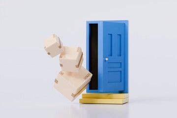 Poster - 3D To Your Door Delivery icon. Minimal Courier delivery package in front blue door. Online Shopping Concept. Fast Delivery, logistic Concept. 3d Deliveries of online orders outside the door. 3d render